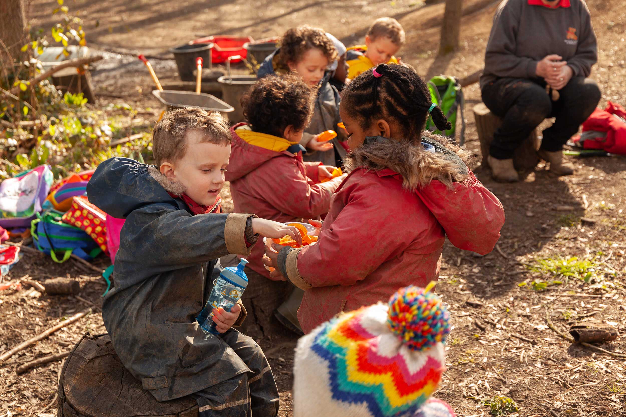 Group of children eating lunch in the forest