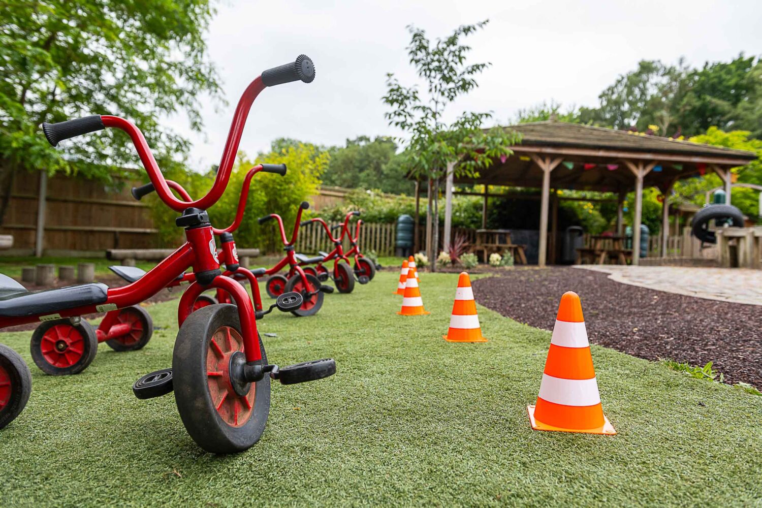 tricycles lined up in the garden next to cones