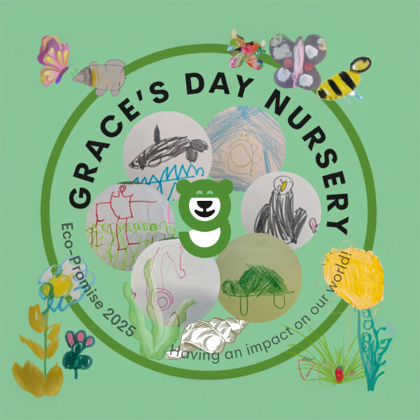 Grace's eco-promise 2025 badge with children's drawings around the logo